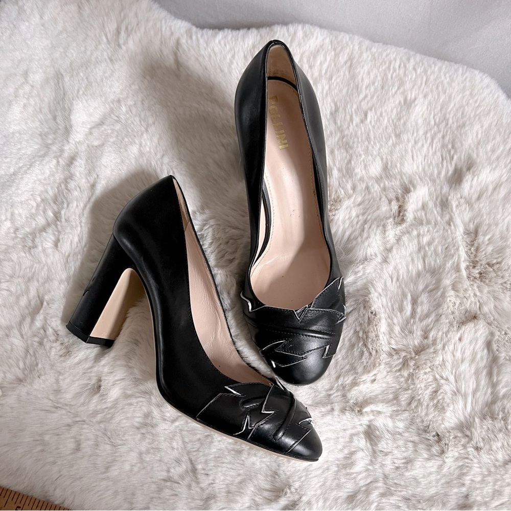Pollini Black and White Edging Block Round Toe Italian Made Leather Heels. Sz 38